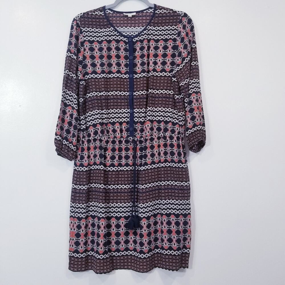 Shoshanna Silk Tribal Patterned Women's Dress with Pink & Blue Accents Tasseled